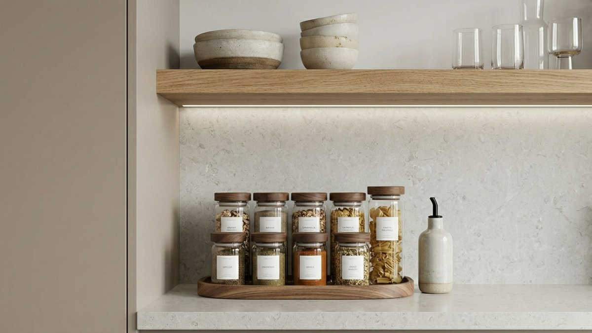 Un plano medio sobre una mesada de cocina impecable. Se aprecian frascos de vidrio uniformes con tapas de madera, etiquetados de forma idéntica con nombres de especias. Una bandeja de madera redonda agrupa aceiteros y una pequeña planta aromática. No hay desorden; el orden mismo es el diseño.