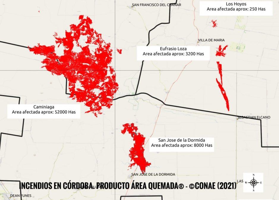 El color rojo indica las áreas afectadas por los incendios.