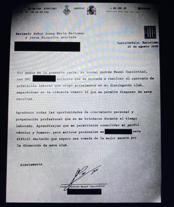 El fax que Lionel Messi envió a directivos del Barcelona informando su deseo de no continuar en la próxima temporada