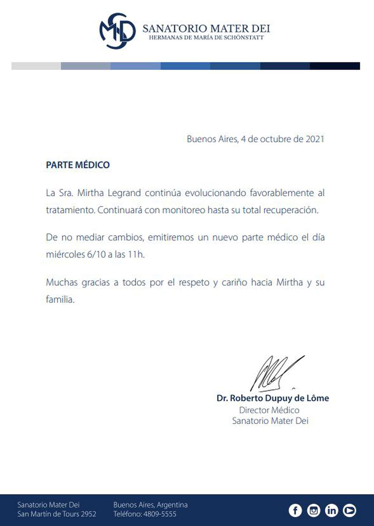El nuevo parte m&eacute;dico sobre la salud de Mirtha Legrand.