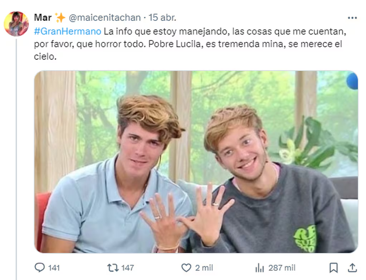 @maicenitachan comentó en Twitter: “La información que manejo es muy fuerte. Pobre Lucila, realmente no merece pasar por esto”. @maicenitachan comentó en Twitter: “La información que manejo es muy fuerte. Pobre Lucila, realmente no merece pasar por esto”.