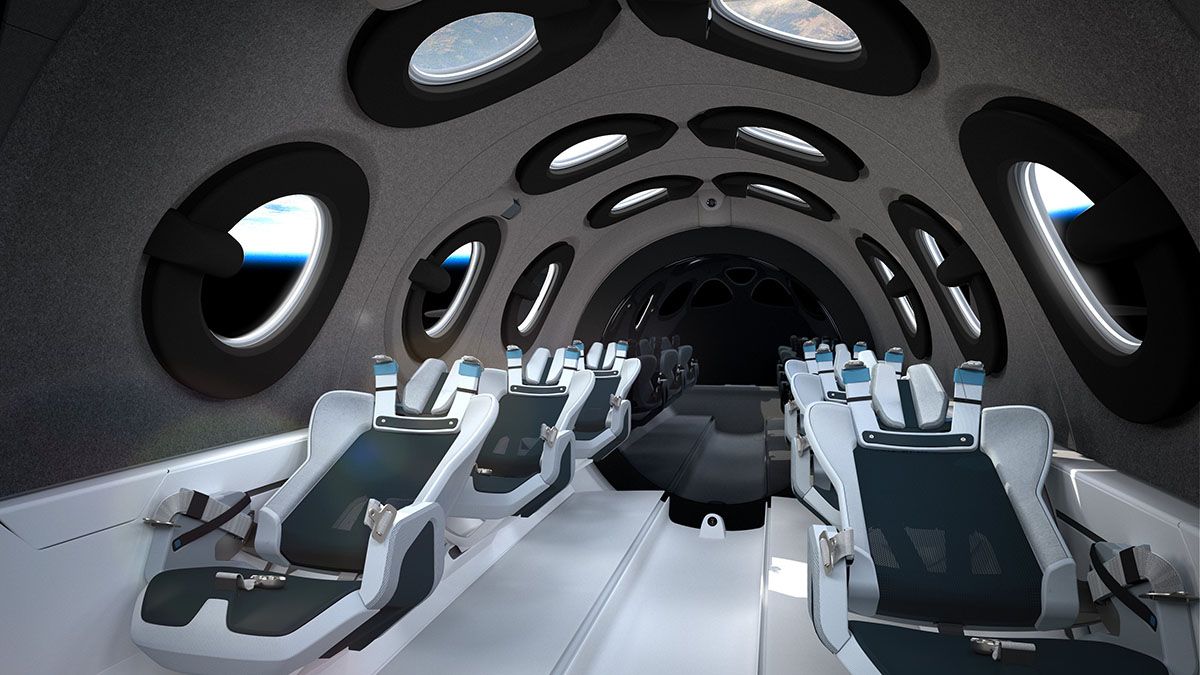 La cabina de SpaceShipTwo Unity está diseñada para permitir una experiencia de ingravidez fuera del asiento para los turistas a bordo.