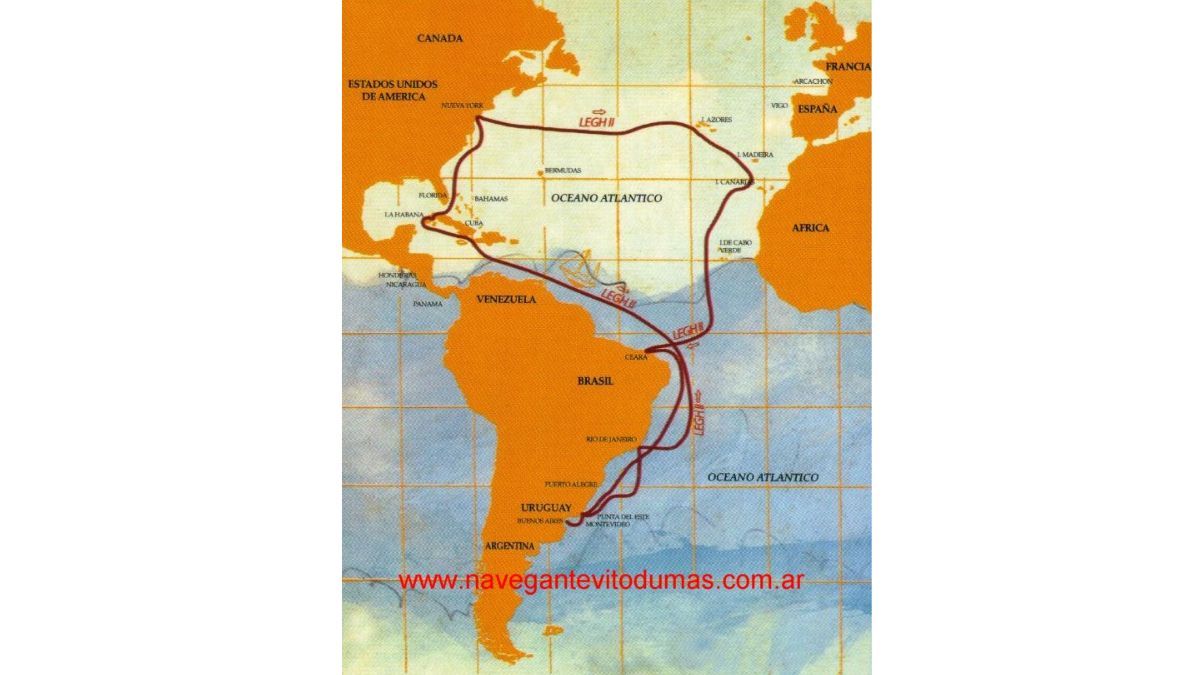 Entre 1945 y 1946 y, en otra inolvidable travesía, Vito Dumas concretó el doble cruce del océano Atlántico habiendo recorrido 17.045 millas (casi 31.600 kilómetros) en 234 días. Entre 1945 y 1946 y, en otra inolvidable travesía, Vito Dumas concretó el doble cruce del océano Atlántico habiendo recorrido 17.045 millas (casi 31.600 kilómetros) en 234 días.