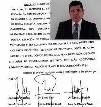 La Cámara confirmó la condena a un abogado que intentó matar a su expareja en V. Ocampo
