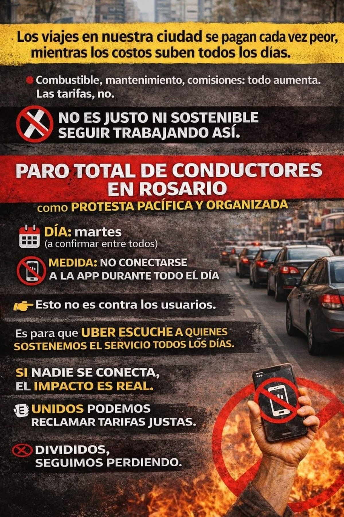 El flyer de la convocatoria al "apag&oacute;n" a Uber en Rosario.
