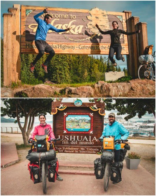 Caren y Cruz en los dos extremos del viaje, Alaska y Ushuaia.
