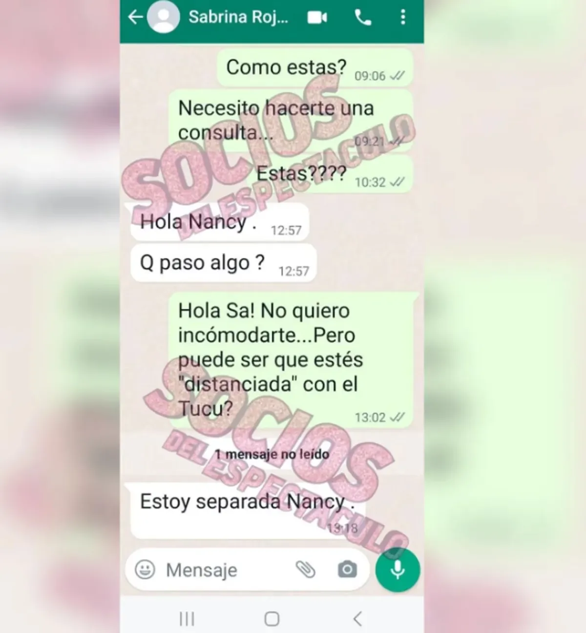 Tras ser consultada por Nancy Duré a través de WhatsApp, Sabrina Rojas aseguró que está separada.