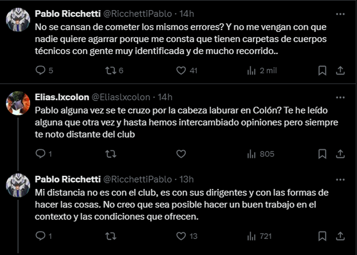 Pablo Ricchetti contó por qué no trabajaría en Colón: "No es con el club..." Pablo Ricchetti contó por qué no trabajaría en Colón: "No es con el club..."