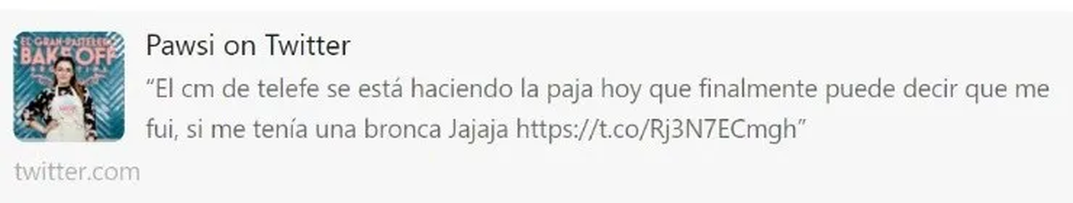 Terrible tuit de Paula, la &uacute;ltima eliminada de Bake Off Argentina.&nbsp;