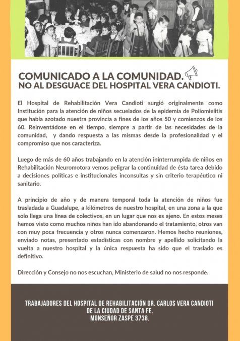 Un grupo de profesionales del Vera Candioti denunciaron el traslado y desguace de la entidad.