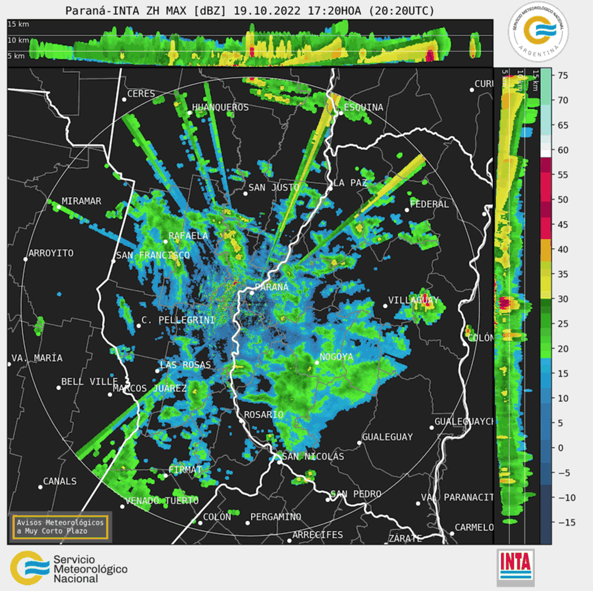 El radar meteorológico permite visualizar las precipitaciones que se producen en el centro santafesino.