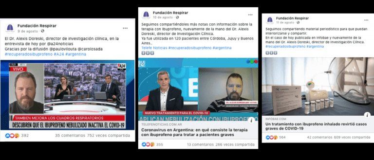 Posteos engañosos en la página oficial de Facebook de la Fundación Respirar.