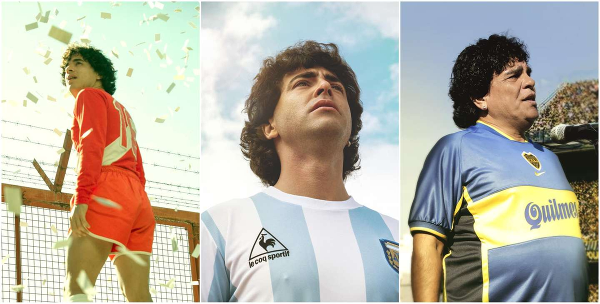 Nicolás Goldschmidt, Nazareno Casero y Juan Palomino como Diego Maradona.