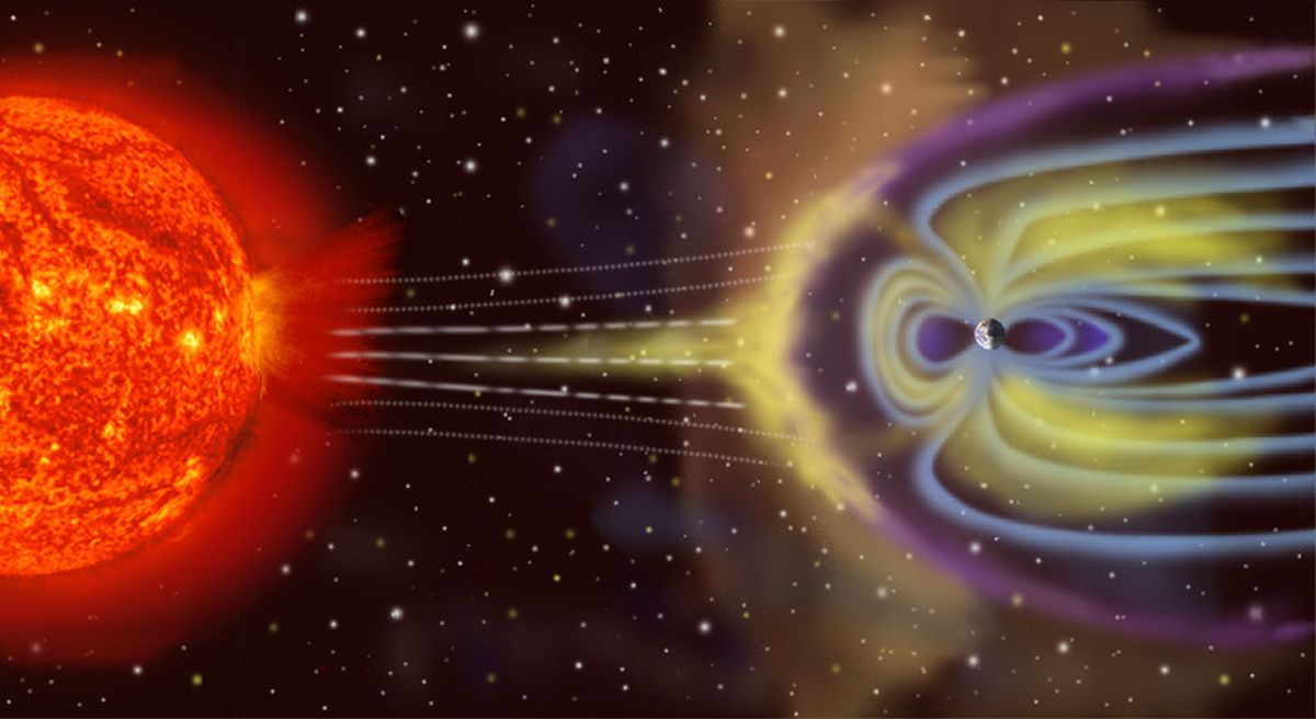 Imagen artística de la magnetosfera terrestre y su interacción con el viento solar. NASA. Imagen artística de la magnetosfera terrestre y su interacción con el viento solar. NASA.