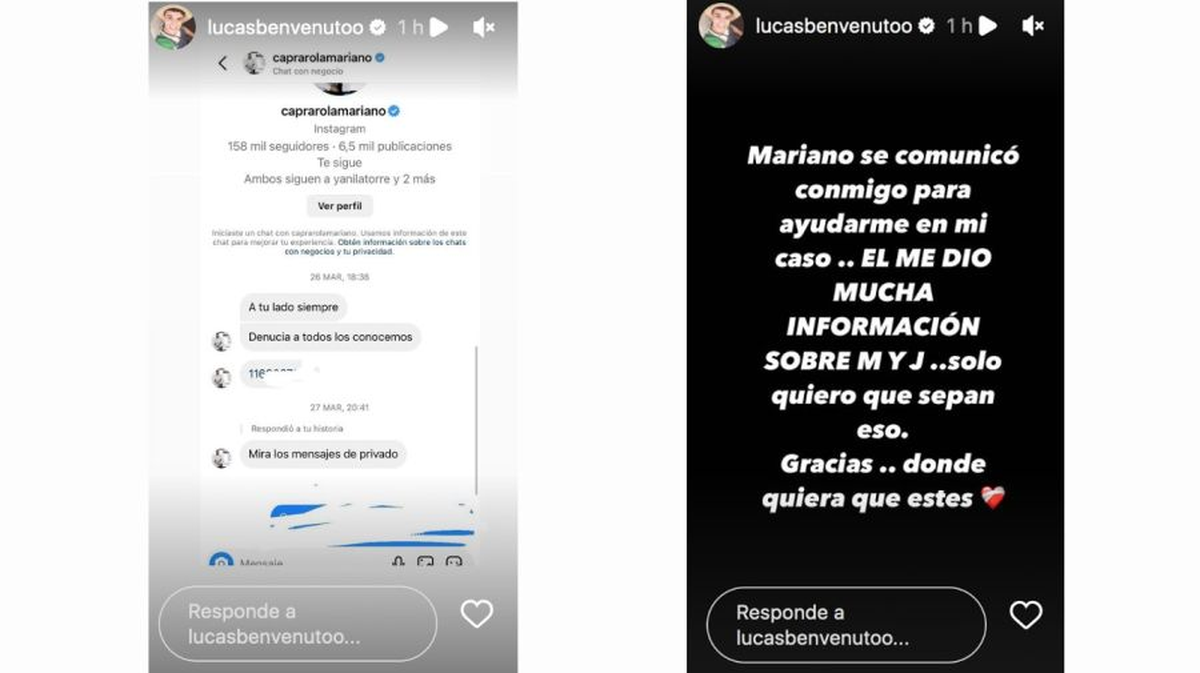 Lucas Benvenuto mostró la conversación que tuvo con Mariano Caprarola. Lucas Benvenuto mostró la conversación que tuvo con Mariano Caprarola.