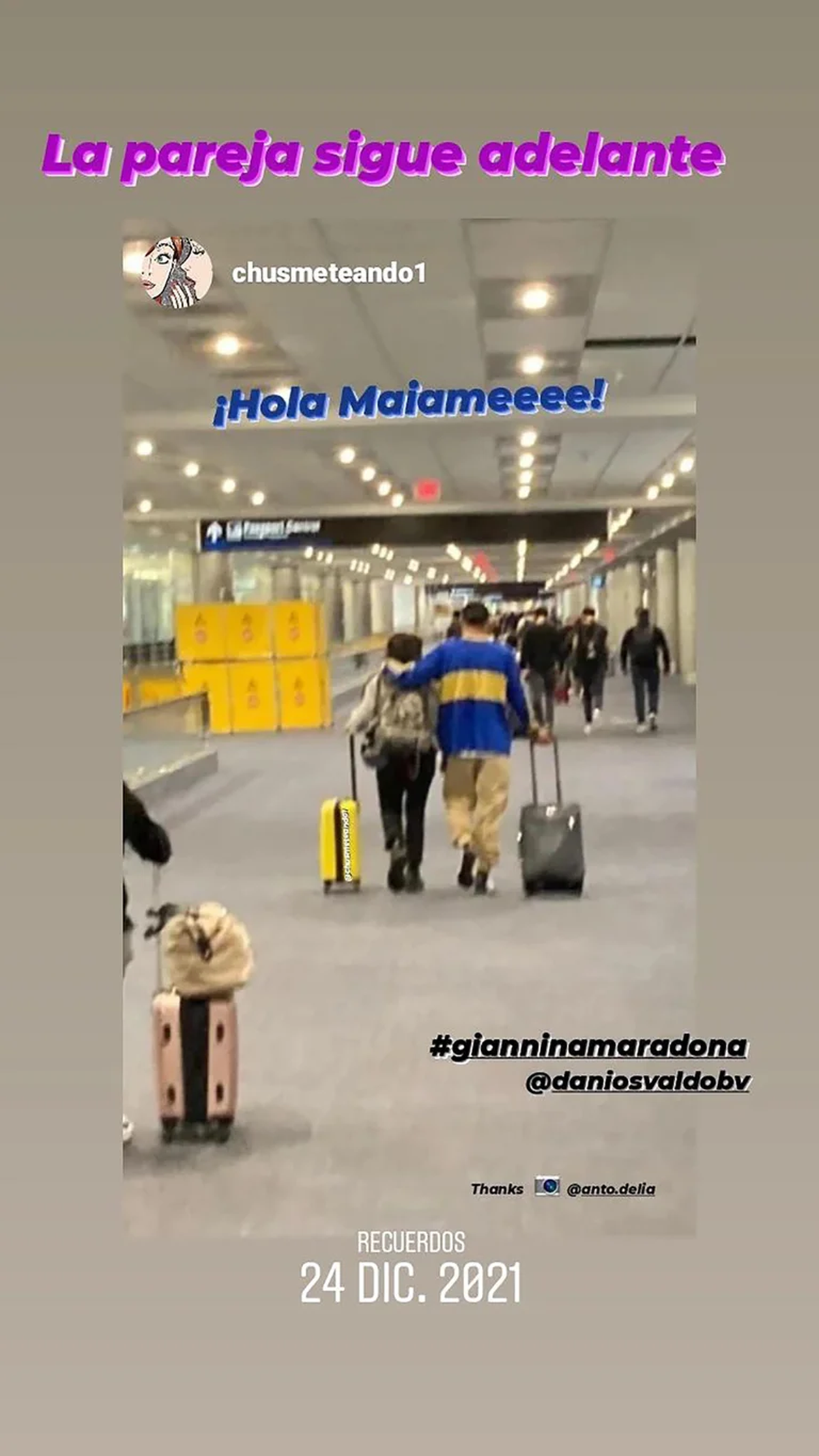 Daniel Osvaldo y Gianinna Maradona a punto de abordar un avi&oacute;n a Miami, donde pasar&iacute;an las fiestas de fin de a&ntilde;o.