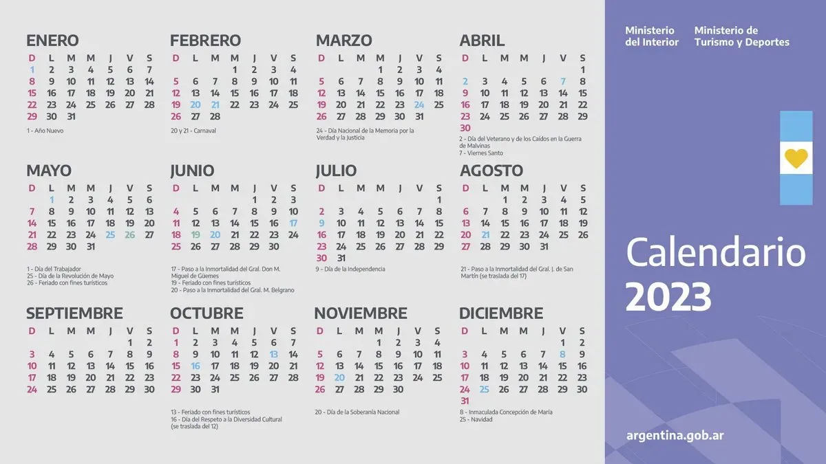 El calendario oficial que estipula los feriados de 2023.