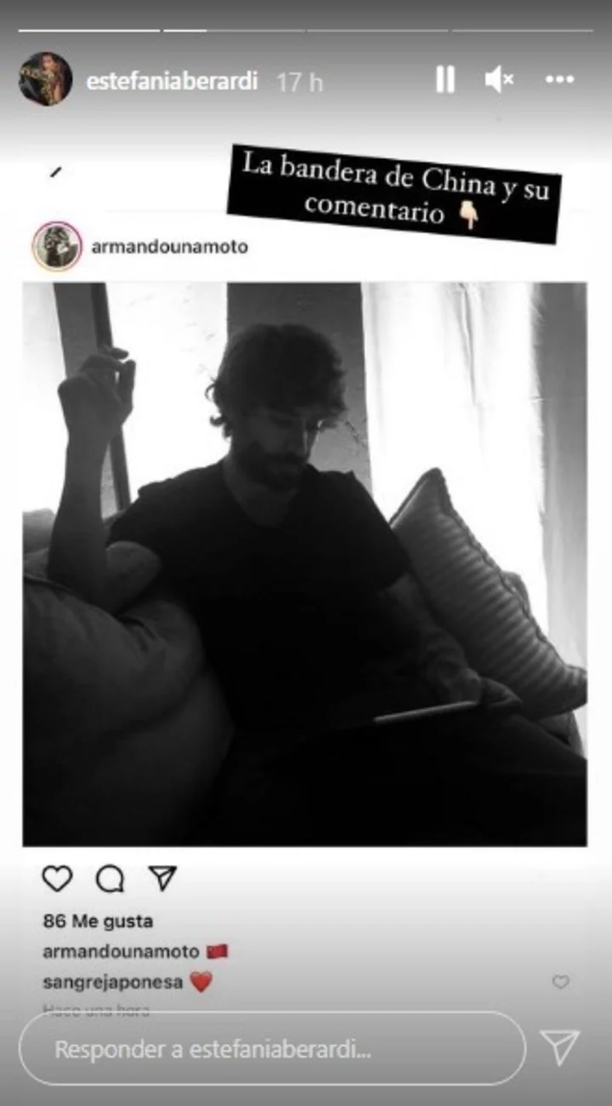 Armando Mena Navare&ntilde;o comparti&oacute; un posteo con una bandera de China. Captura de Instagram &nbsp;