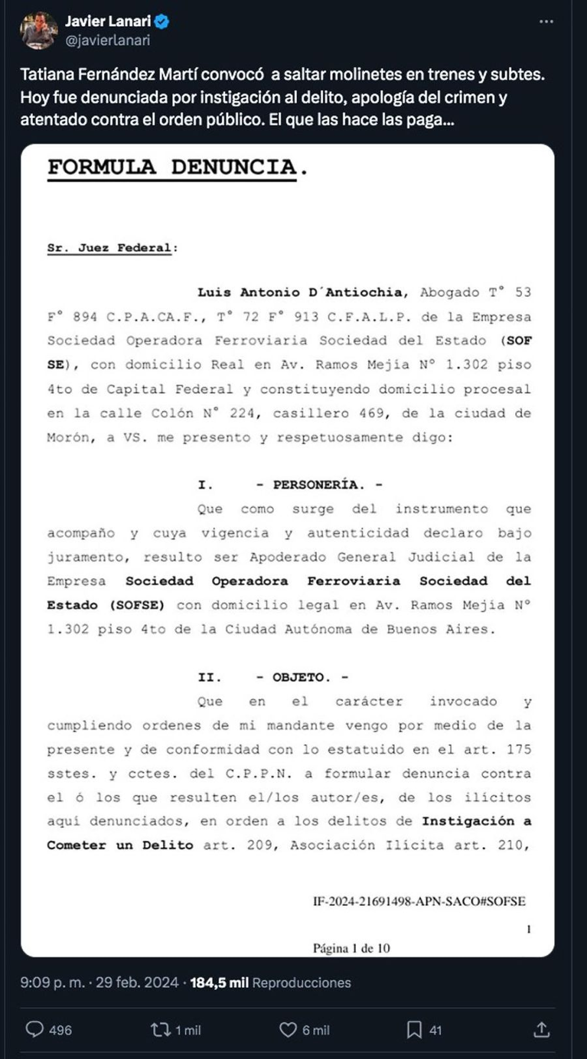 La danuncia a Tatiana Fernández Martí por convocar al molinetazo en el AMBA. La danuncia a Tatiana Fernández Martí por convocar al molinetazo en el AMBA.