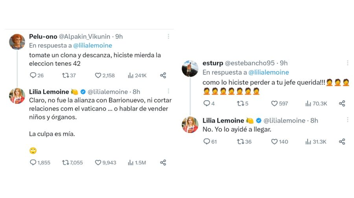 Tras la derrota de Javier Milei en las elecciones generales, Lilia Lemoine se defendió en sus redes sociales. Tras la derrota de Javier Milei en las elecciones generales, Lilia Lemoine se defendió en sus redes sociales.