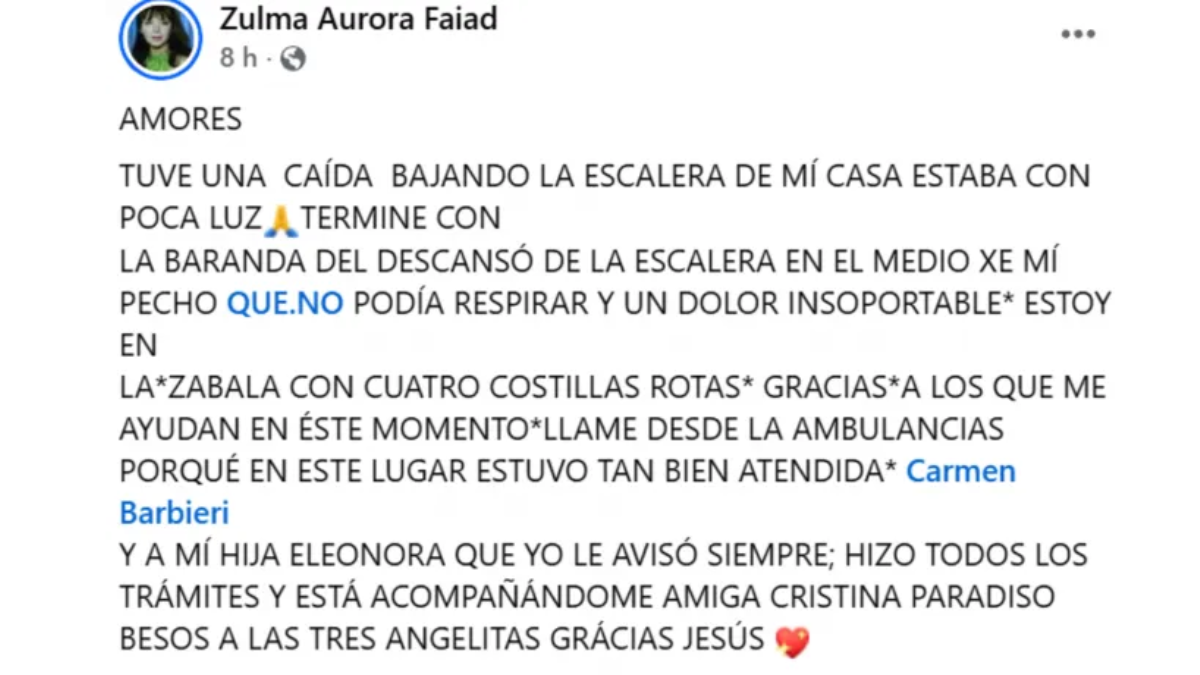 Zulma Faiad fue internada de urgencia tras caer por las escaleras y sufrir múltiples fracturas: cuál es su estado de salud