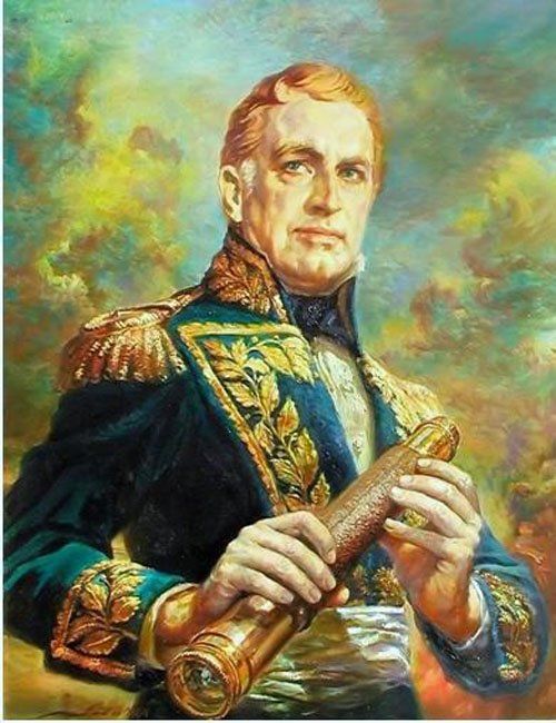 Brown con uniforme de general de marina (almirante) argentino. En sus manos exhibe el catalejo que lo acompañó en todas sus campañas. Óleo de Alfredo De la María. 1977. 68 x 94 cm. DEHN (Departamento de Estudios Históricos Navales de la Armada Argentina).