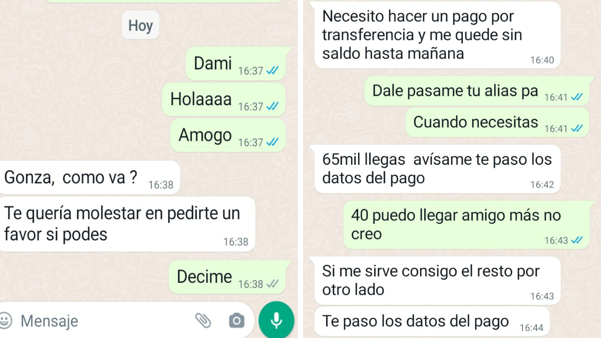 Los delincuentes se adueñaron de la cuenta de Whatsapp de la pareja. Los delincuentes se adueñaron de la cuenta de Whatsapp de la pareja.