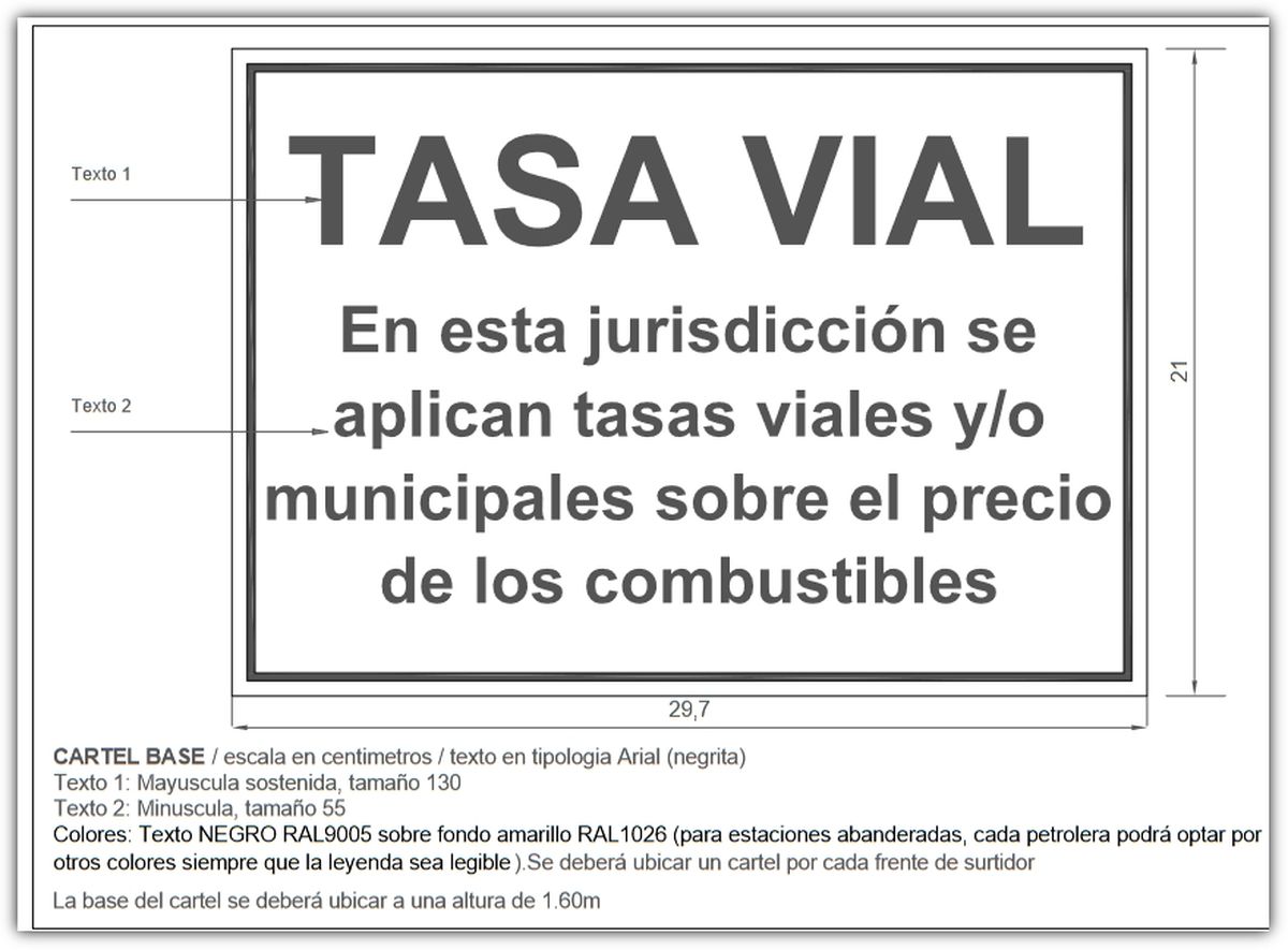 Las estaciones de servicio deberán poner un cartel con la siguiente leyenda: “En esta jurisdicción se aplican tasas viales y/o municipales sobre el precio de los combustibles" Las estaciones de servicio deberán poner un cartel con la siguiente leyenda: “En esta jurisdicción se aplican tasas viales y/o municipales sobre el precio de los combustibles"