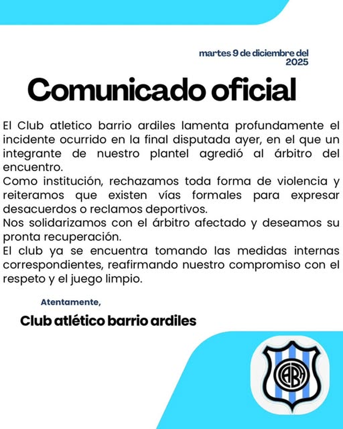 El comunicado oficial del Club Barrio Ardiles de C&oacute;rdoba.