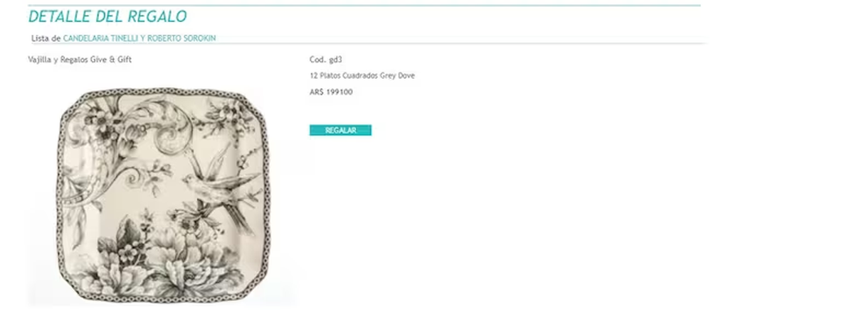 La lista de regalos del casamiento de Cande Tinelli y Coti Sorokin. La lista de regalos del casamiento de Cande Tinelli y Coti Sorokin.