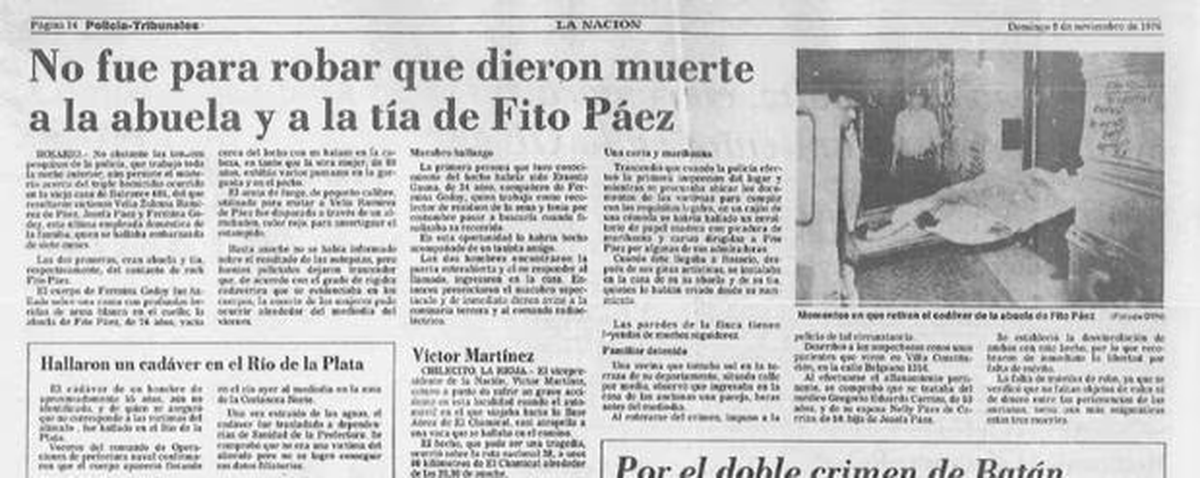 Recorte de periódico en el que se detalla el crimen de las madres de Fito Páez.