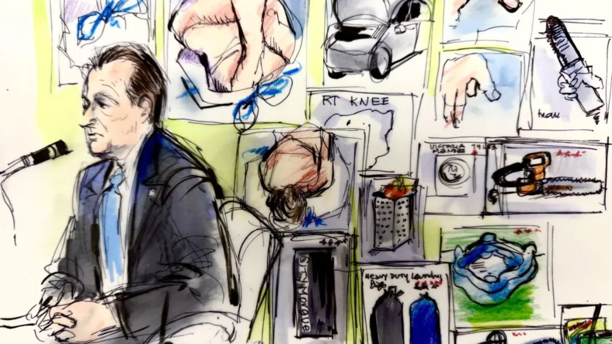 Un ilustrador judicial recre&oacute; distintos momentos de la audiencia preliminar contra D4vd por el asesinato de Celeste Rivas.