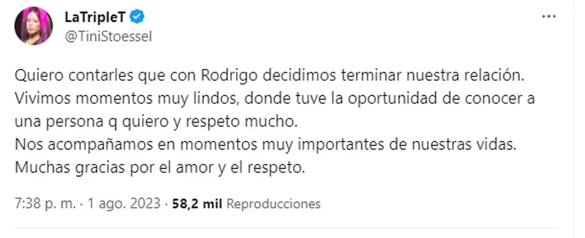 Tini Stoessel confirmó su separación de Rodrigo de Paul. Tini Stoessel confirmó su separación de Rodrigo de Paul.