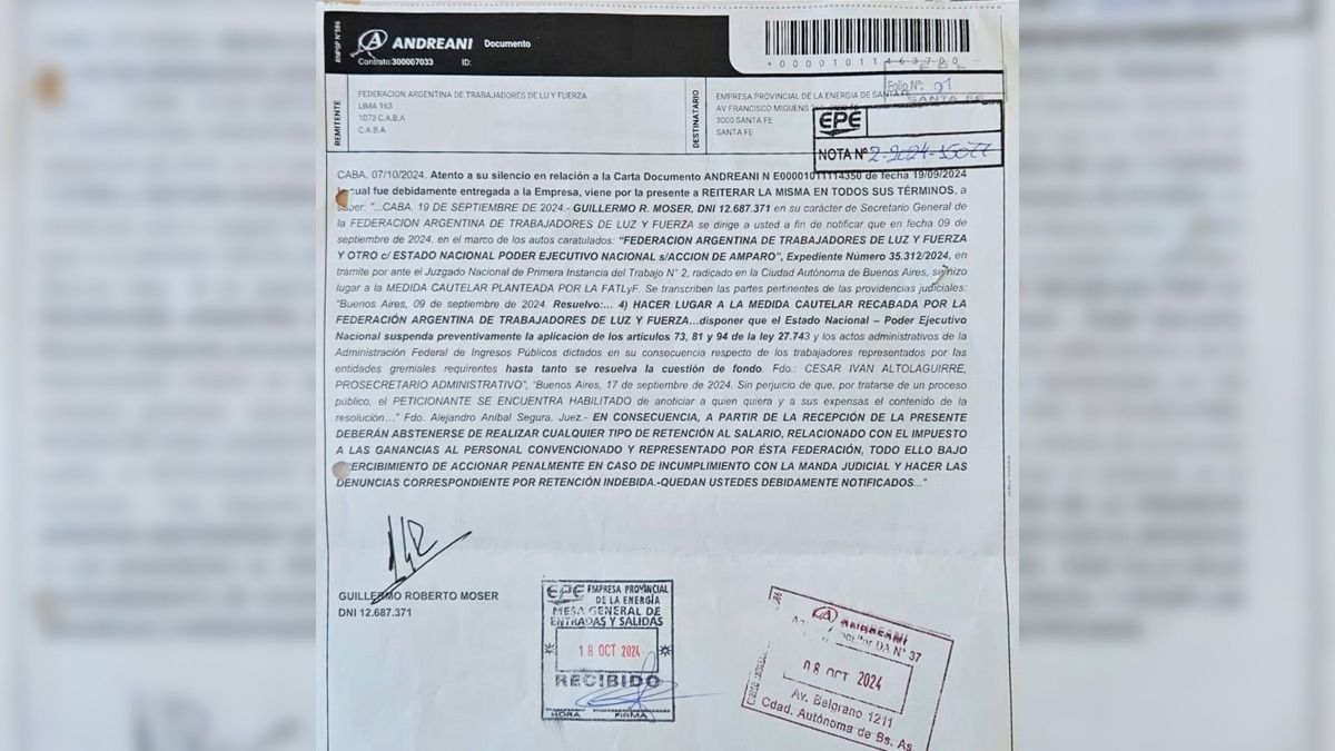 Imagen de la Carta Documento enviada desde la Federación Argentina de Trabajadores de Luz y Fuerza a la EPE.