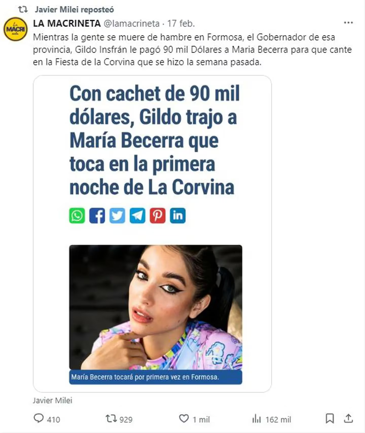 Tras los cruces con Lali, Milei compartió un tuit contra María Becerra. Tras los cruces con Lali, Milei compartió un tuit contra María Becerra.
