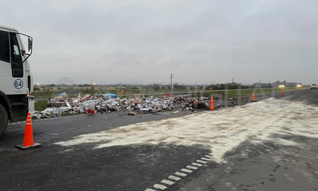 El camión volcó a la altura del km 132 de la autopista Santa Fe-Rosario El camión volcó a la altura del km 132 de la autopista Santa Fe-Rosario