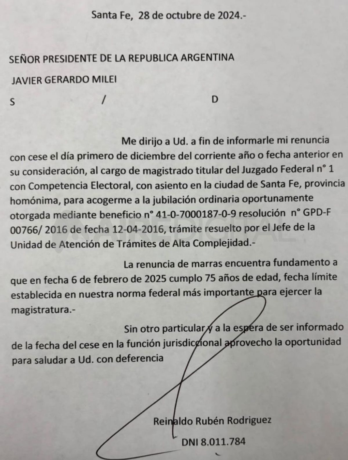 La presentación que hizo el juez Rodríguez al presidente de la Nación. La presentación que hizo el juez Rodríguez al presidente de la Nación.