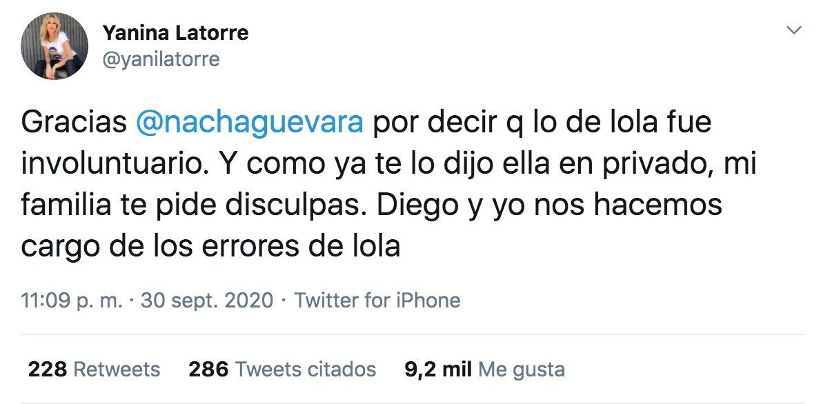 LA MADRE DE LOLA SE DISCULPÓ EN NOMBRE DE TODA SU FAMILIA.