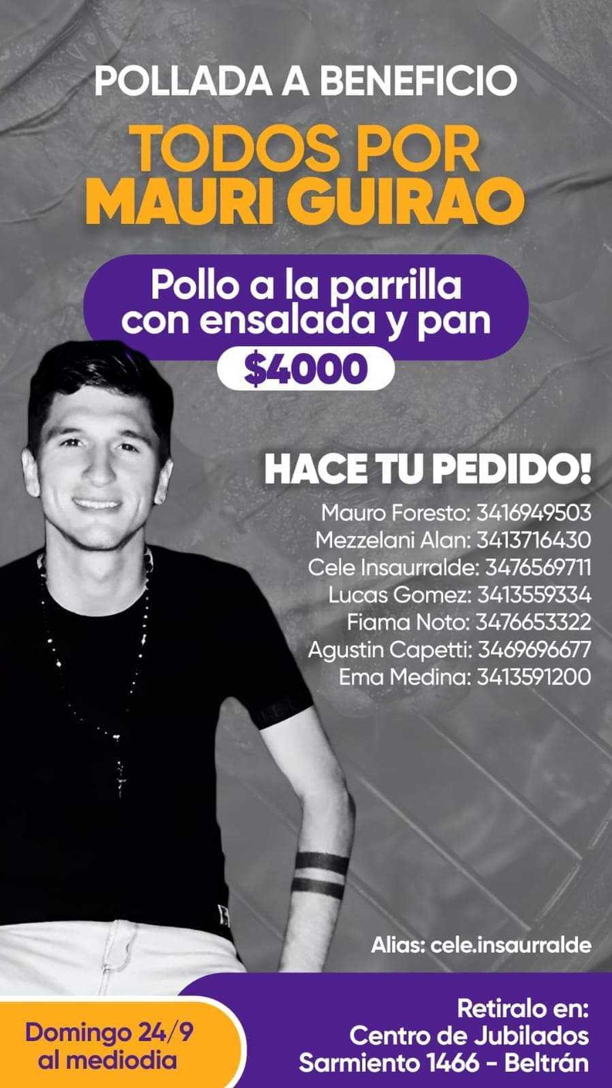 Los datos para conseguir el pollo a beneficio de Mauricio Guirao. Los datos para conseguir el pollo a beneficio de Mauricio Guirao.