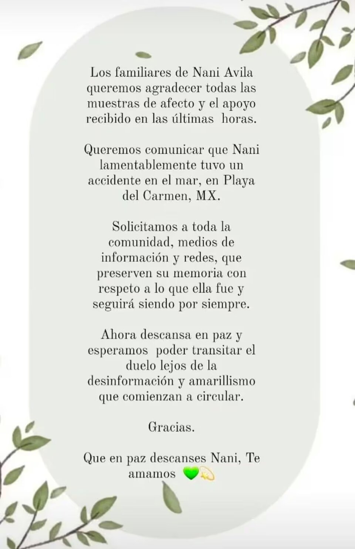 El mensaje de la familia de Ana Victoria Ávila. El mensaje de la familia de Ana Victoria Ávila.