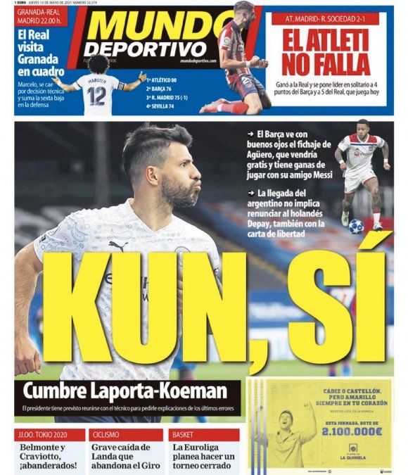 La tapa de "Mundo Deportivo" que sitúa al Kun Agüero como jugador del Barcelona a partir de la próxima temporada.