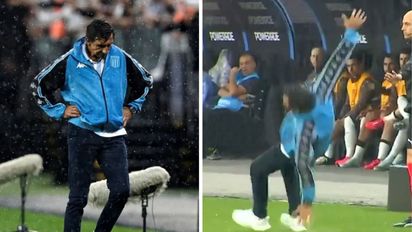 En Brasil, Gustavo Costas se cayó en pleno partido y desató la risa de todos los suplentes de Racing