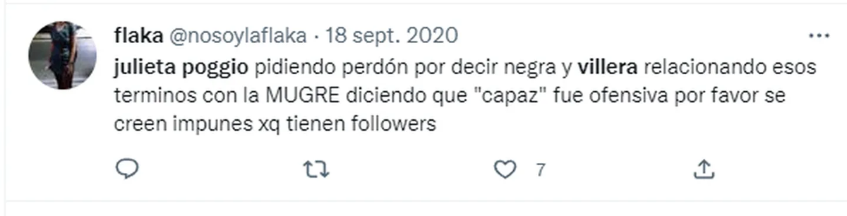 Uno de los tweets publicados en 2020 cuando atacaron a Julieta Poggio por sus palabras desafortunadas. (Foto: Captura Twitter / nosoylaflaka).