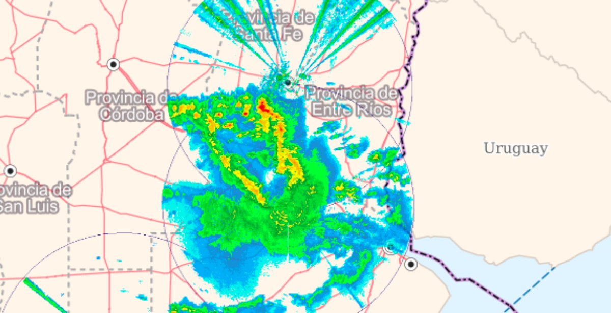 La imagen que generan los radares meteorológicos del INTA, entre las 11 y las 11.30, muestra el avance de la tormenta en la provincia de Santa Fe.