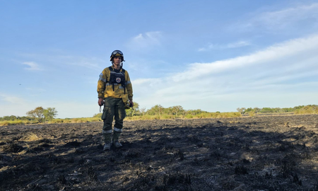 Con 16 vehículos y un avión hidrante, los bomberos combaten el fuego en un terreno de difícil acceso. Con 16 vehículos y un avión hidrante, los bomberos combaten el fuego en un terreno de difícil acceso.