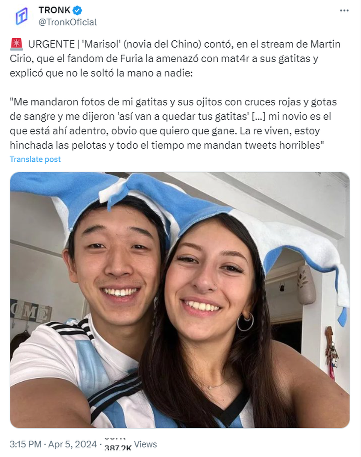 La novia de Martín Ku, el Chino de Gran Hermano, denunció las amenazas que recibe del fandom de Furia. La novia de Martín Ku, el Chino de Gran Hermano, denunció las amenazas que recibe del fandom de Furia.