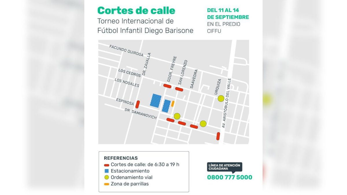 El mapa de los cortes y desvíos de tránsito por el torneo infantil Diego Barisone. El mapa de los cortes y desvíos de tránsito por el torneo infantil Diego Barisone.