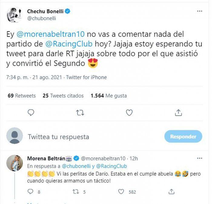 Chechu Bonelli le dedicó un tuit a Morena Beltrán.