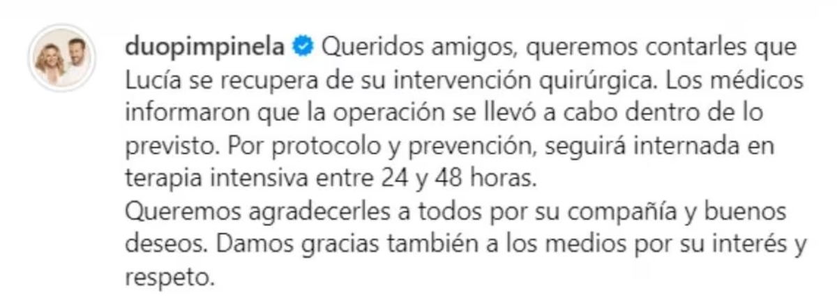 El comunicado en las redes de Pimpinela sobre la salud de Lucía Galán. El comunicado en las redes de Pimpinela sobre la salud de Lucía Galán.