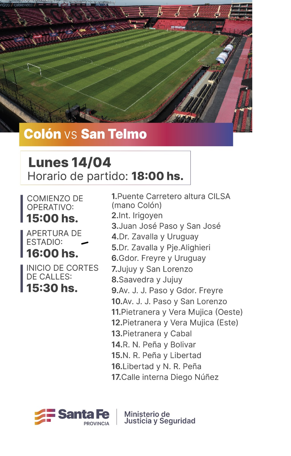 Colón vs. San Telmo y todo lo que tenés que saber antes de ir a la cancha: cortes, desvíos y horarios.
